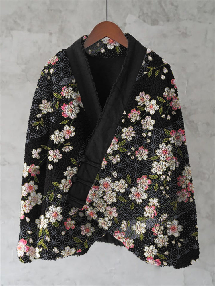 Cherry Blossom Japanese Pattern Cozy Fleece Kimono Cardigan