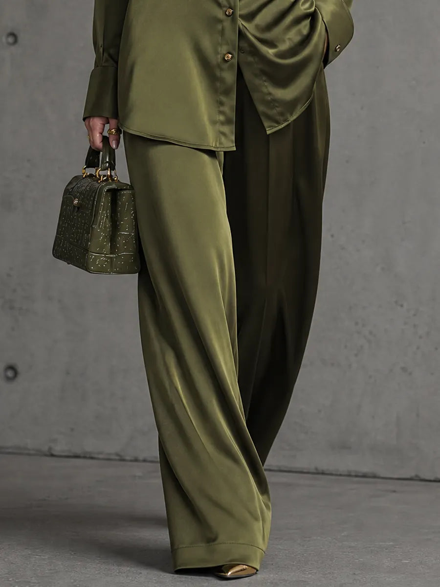 Women's Olive Green Glossy Satin Collared Dual Chest Pocket Button Front Long Sleeve Shirt High Waist Wide Leg Trouser Two Piece Set MDZ2096G4YZJ
