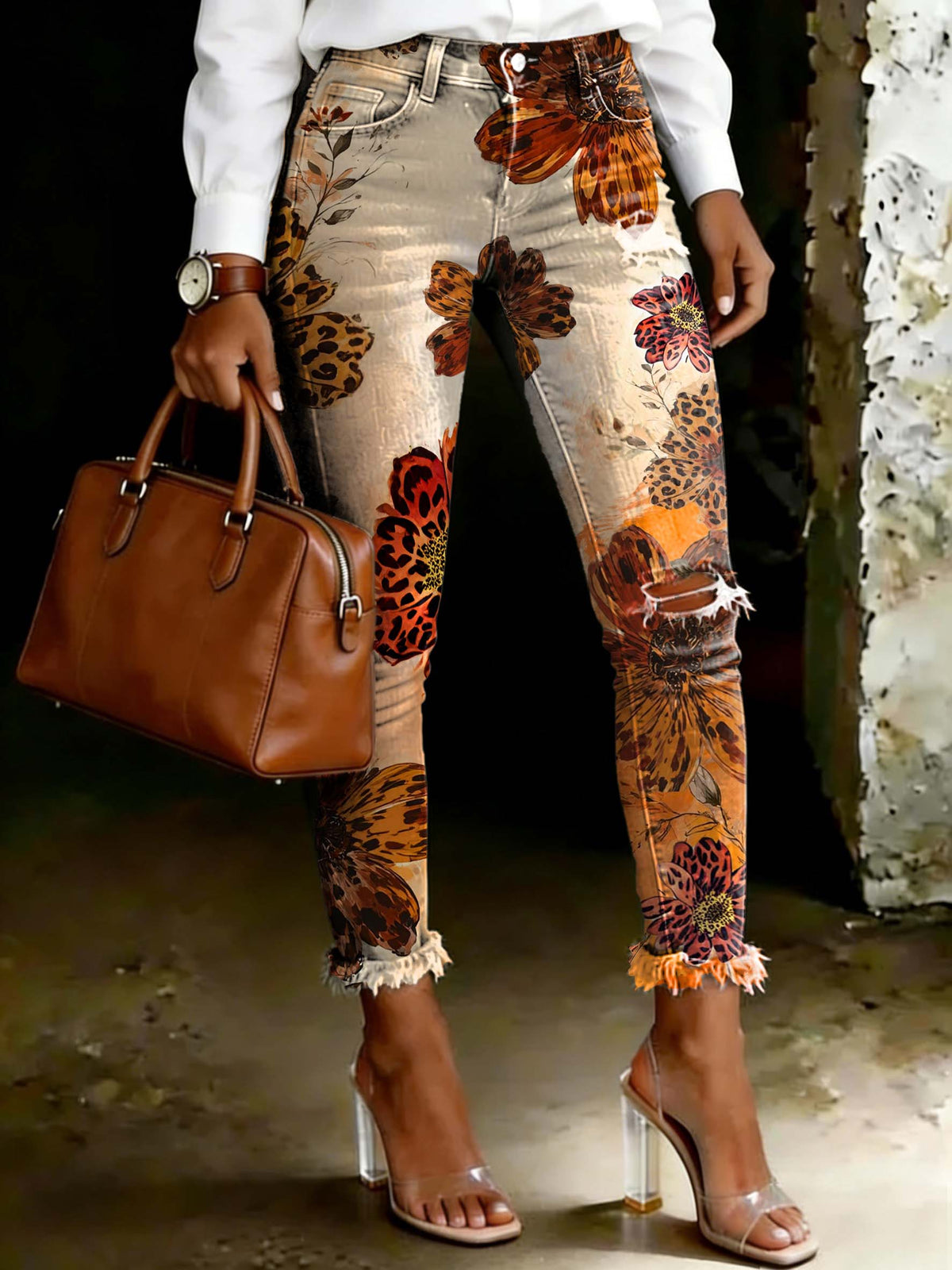 Women's Vintage Leopard Print Floral Ripped Skinny Jeans