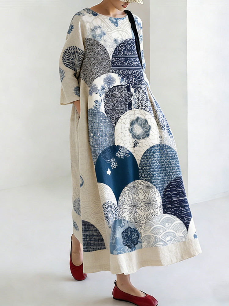 Women's Japanese-style Linen Dress With Geometric And Floral Patterns