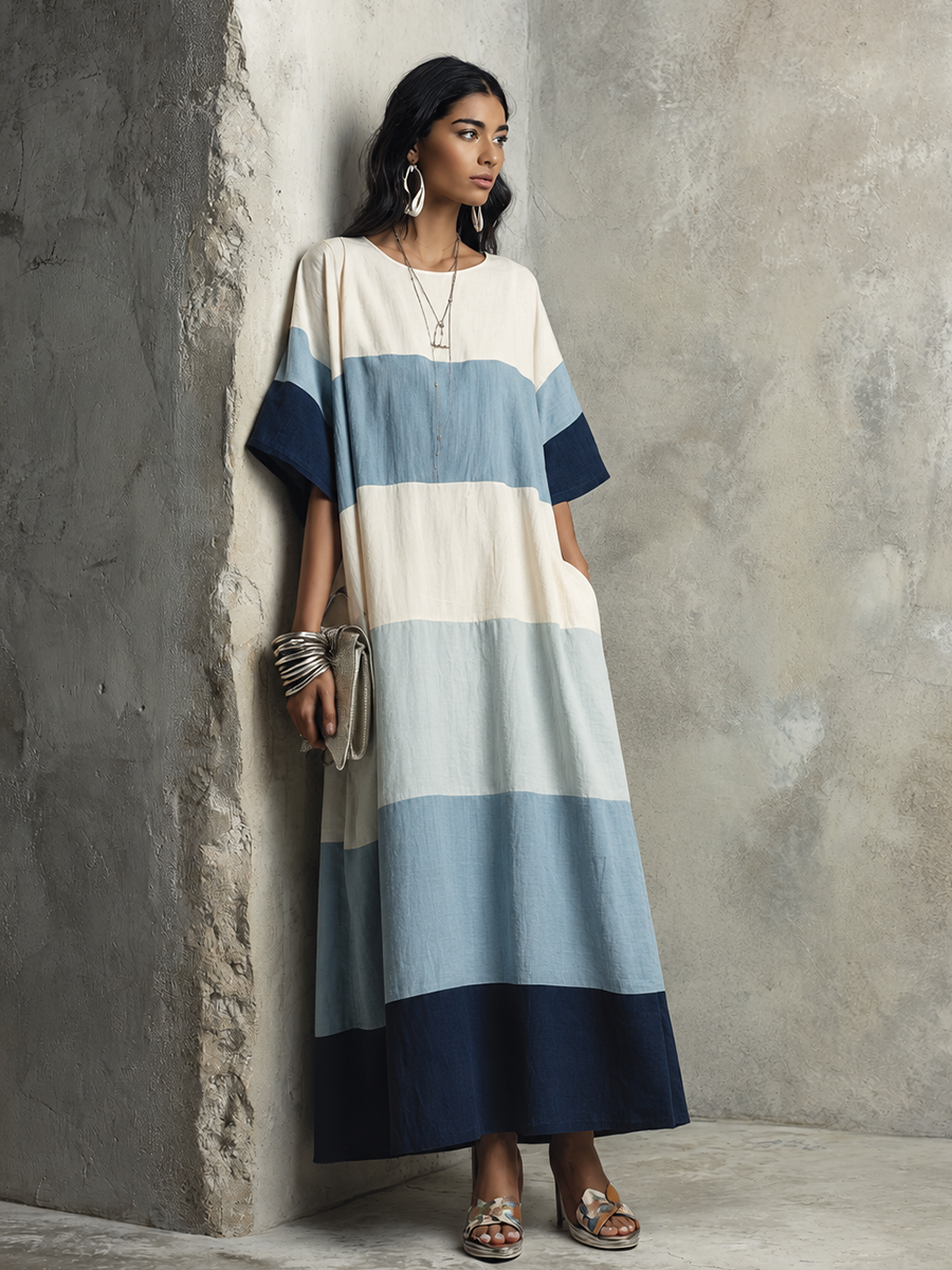 Women's Relaxed Vacation Off White Spliced Blue Cotton Blend Horizontal Stripe Loose Short Sleeve Maxi Dress MDZ1410G1GMJ