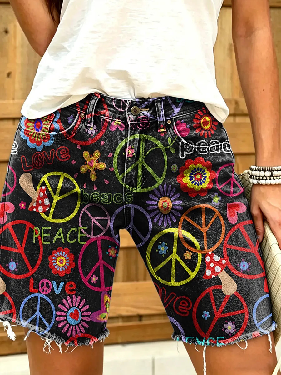 Hippie Peace Love Women's Art Print Casual Denim Shorts