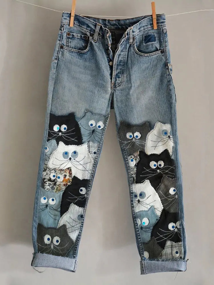Lovely Crowded Cats Denim Fiber Art Washed Jeans