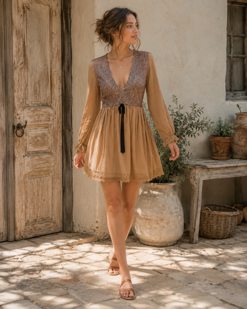 Western Boho V-Neck High-Low Mini Dress with Lace Trim