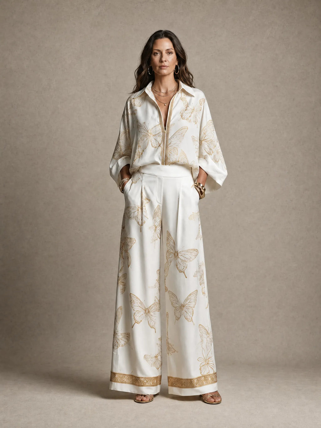 Bohemian Luxe Butterfly Jacquard Blouse & Wide-Leg Pants Set
