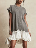 Gray Knit Mini Dress With White Ruffled Hem