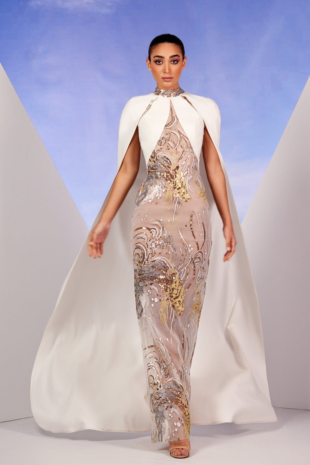 High neck embroidered dress with cape