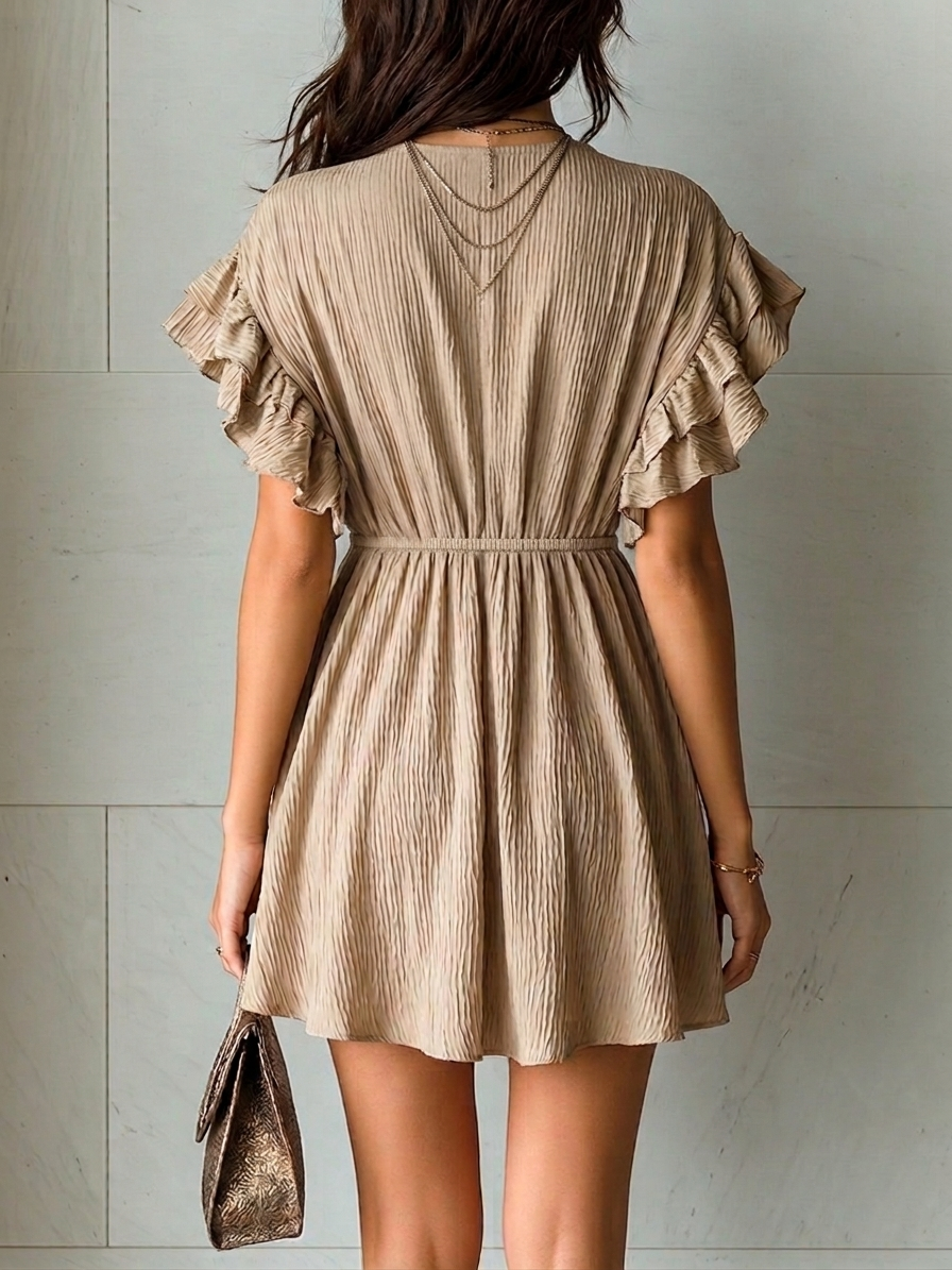 Camel Pleated V-neck Ruffled A-line Mini Dress