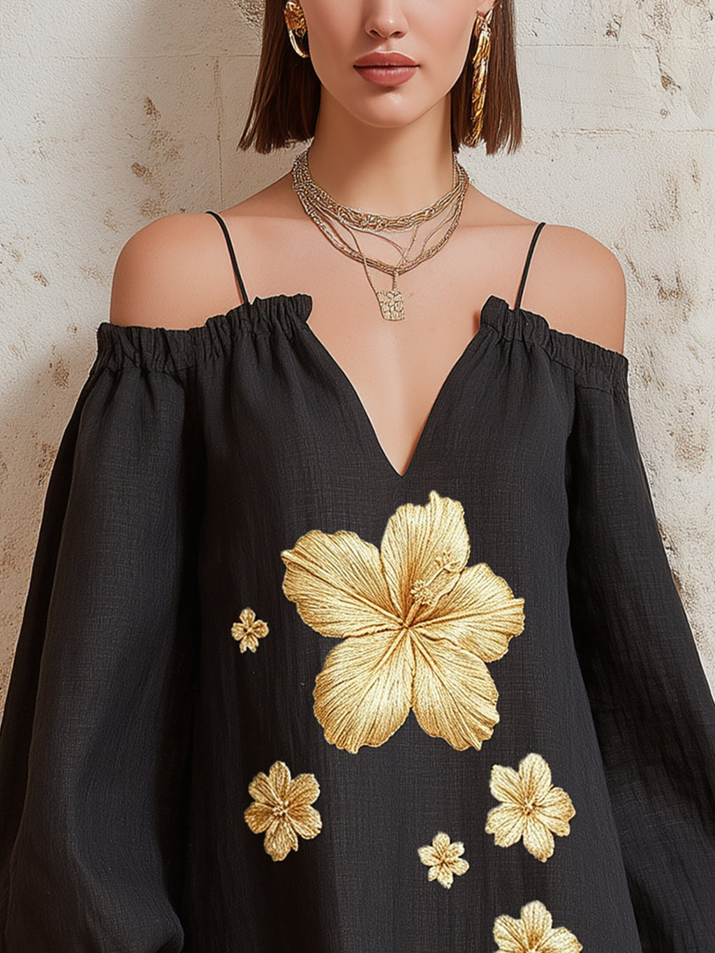 Black Cold Shoulder Long Sleeve Golden Floral Embroidered Mini Dress