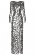 Long Sleeve Sequin Backless Maxi Dress Silver