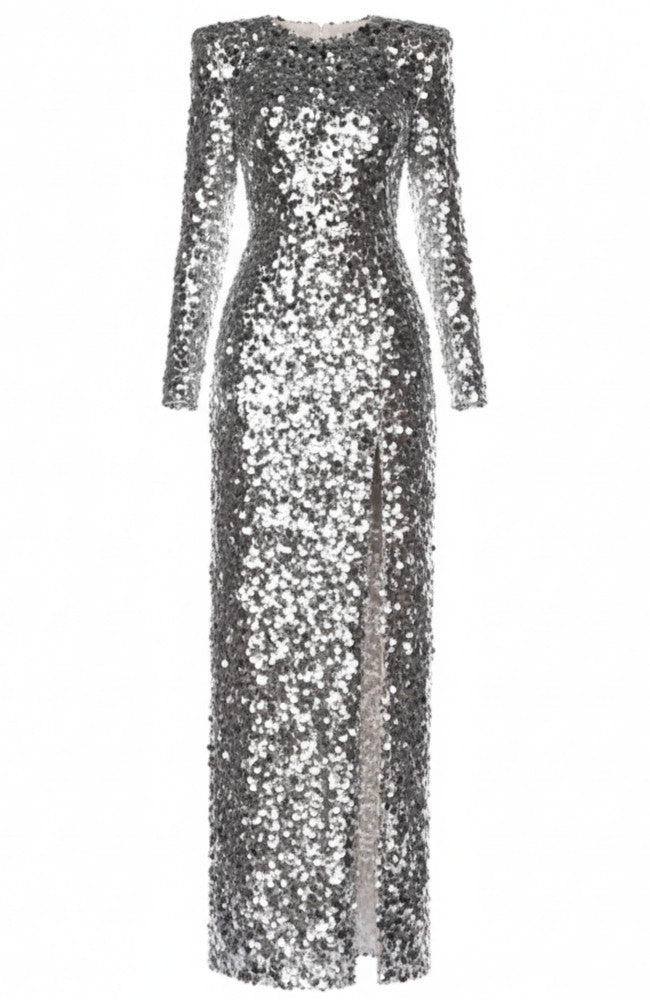 Long Sleeve Sequin Backless Maxi Dress Silver