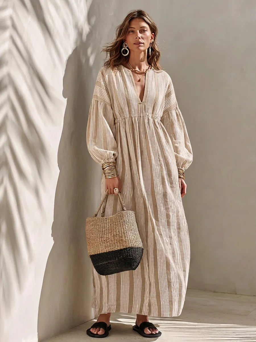 Women's Minimalist Off-White Vertical-Stripe Linen Maxi Dress MDZ0321G1ZRK