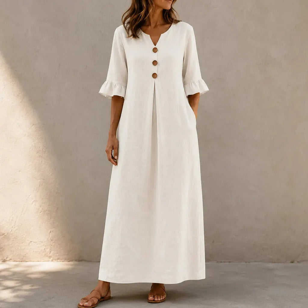 Marellia – Flowy Linen-Look V-Neck Maxi Dress with Pockets