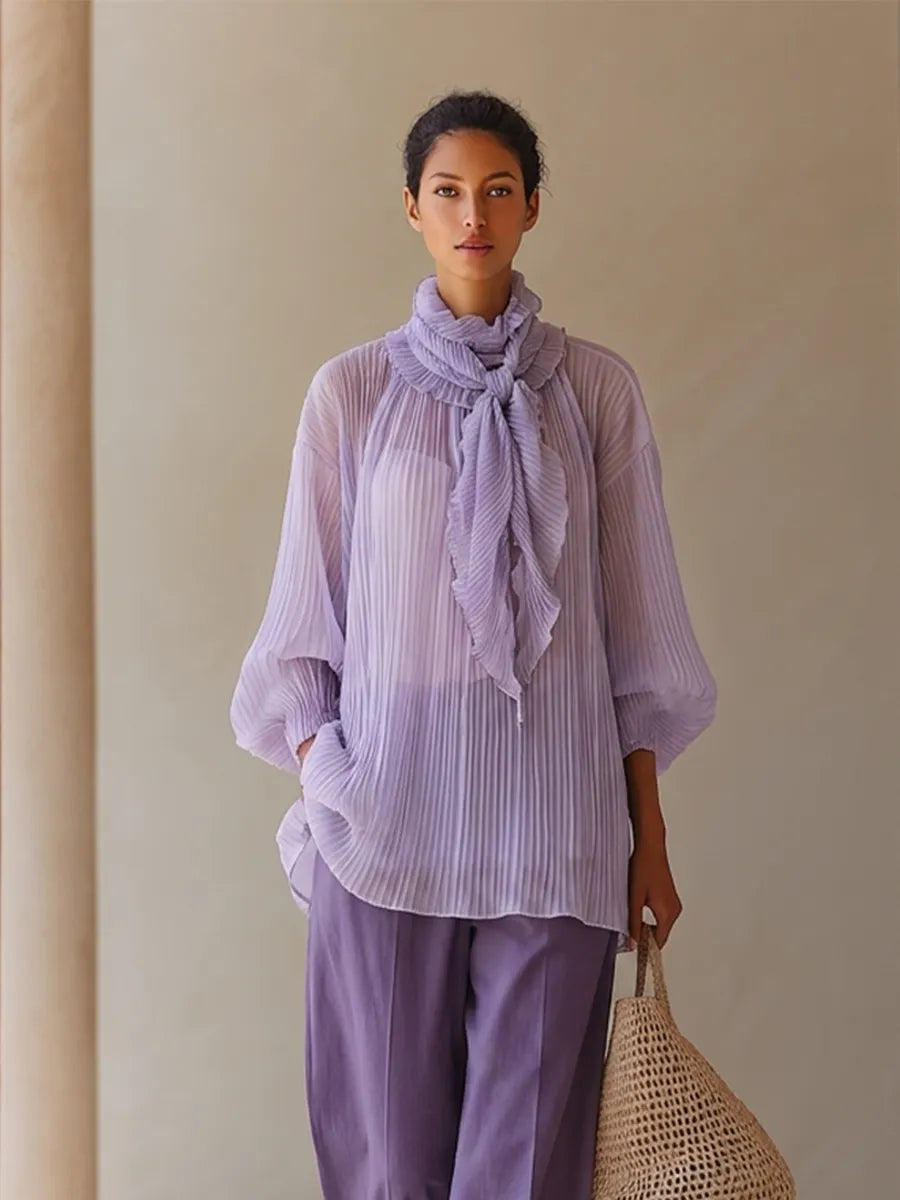 Women's Light Purple Crinkle Chiffon Two-Piece Set With Ruffled Tie Neck Balloon Sleeve Blouse & Solid High Waist Wide Leg Pants, Elegant Resort Matching Outfit MDZ0774G7LYL