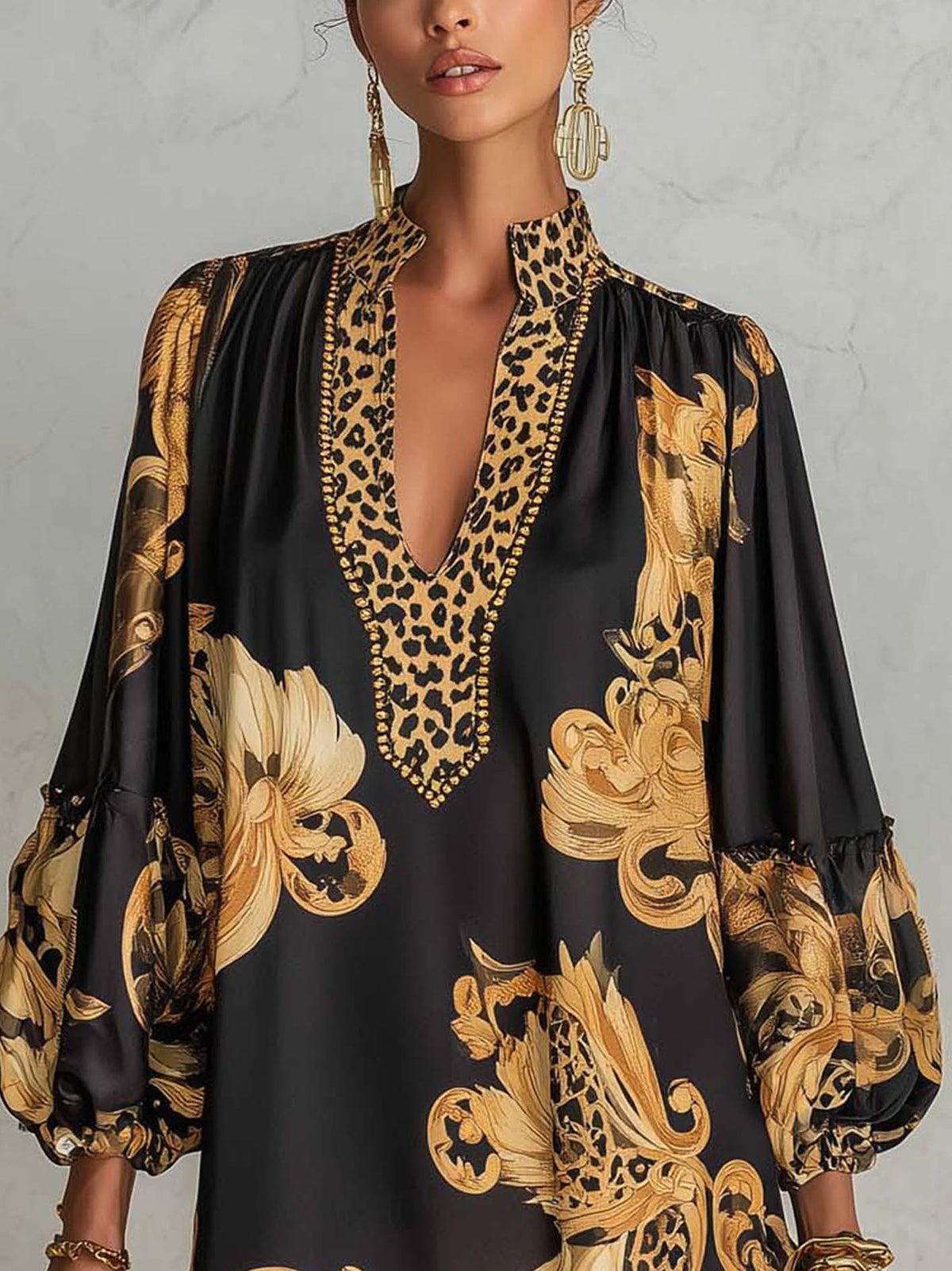 Black Vintage Baroque Print V-Neck Mini Dress With Leopard Trim