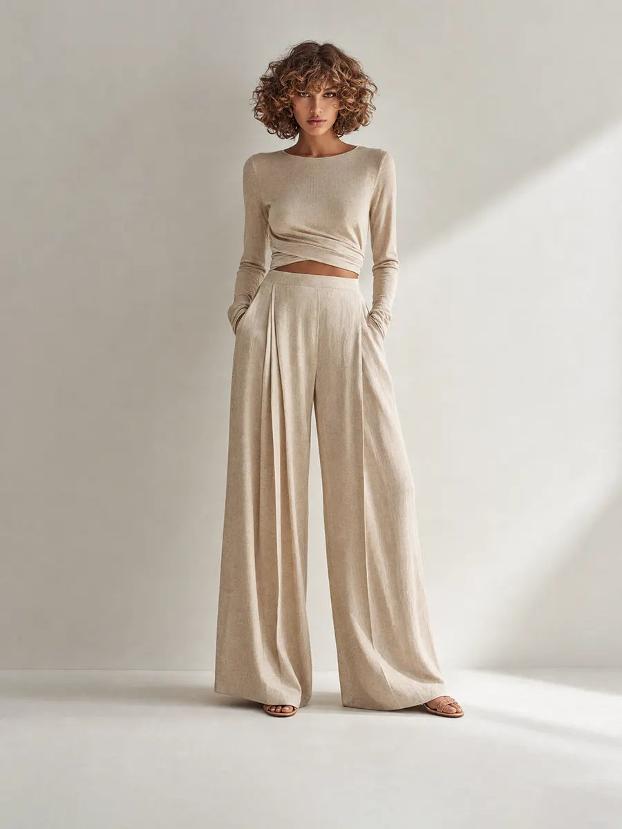 Beige Twist Wrap Long-Sleeve Knit Top Textured Wide-Leg Pants Two-Piece Set MDZ1703G5CMX