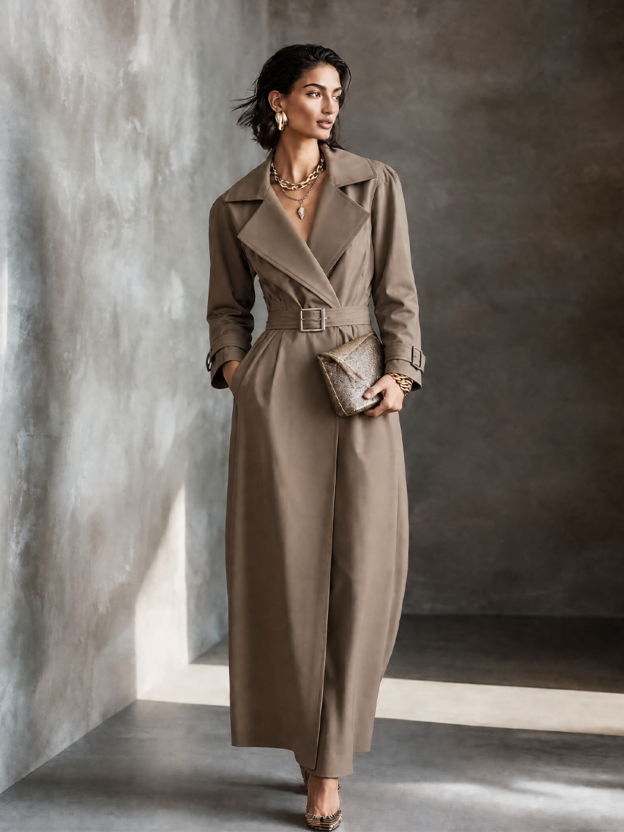 Women's Classic Elegant Khaki Cotton Blend Belted Long Trench Coat MDZ2212G9GMJ