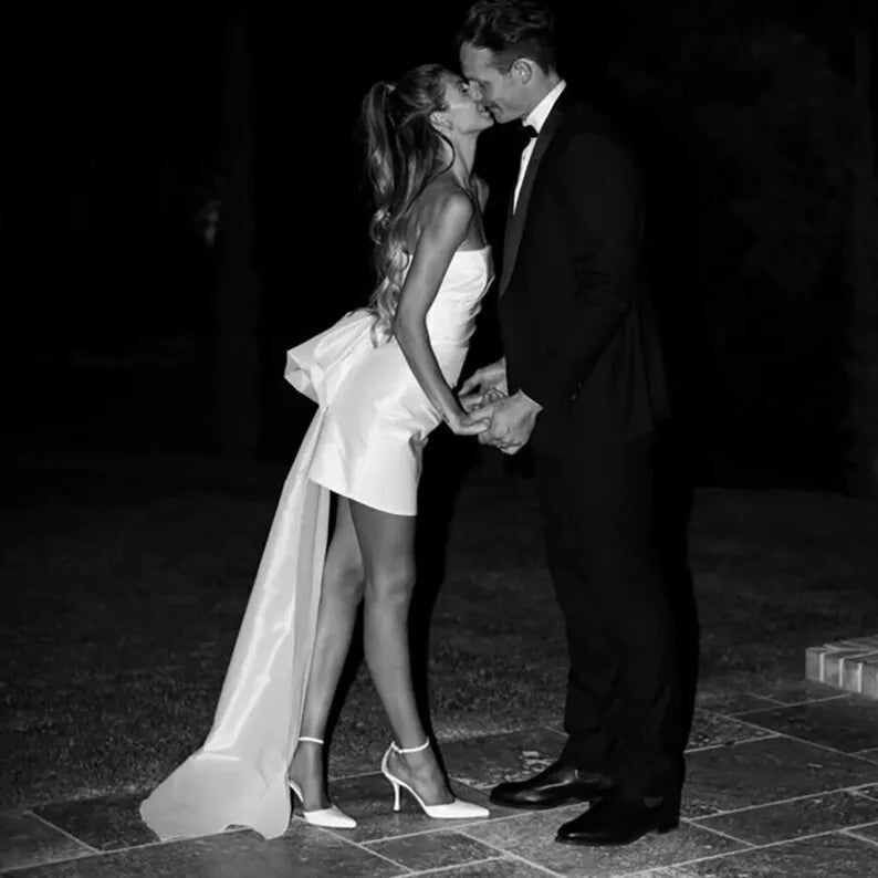 Mini Strapless Ruched Taffeta Bridal Gown Above Knee Length Wedding Detachable Large Bow