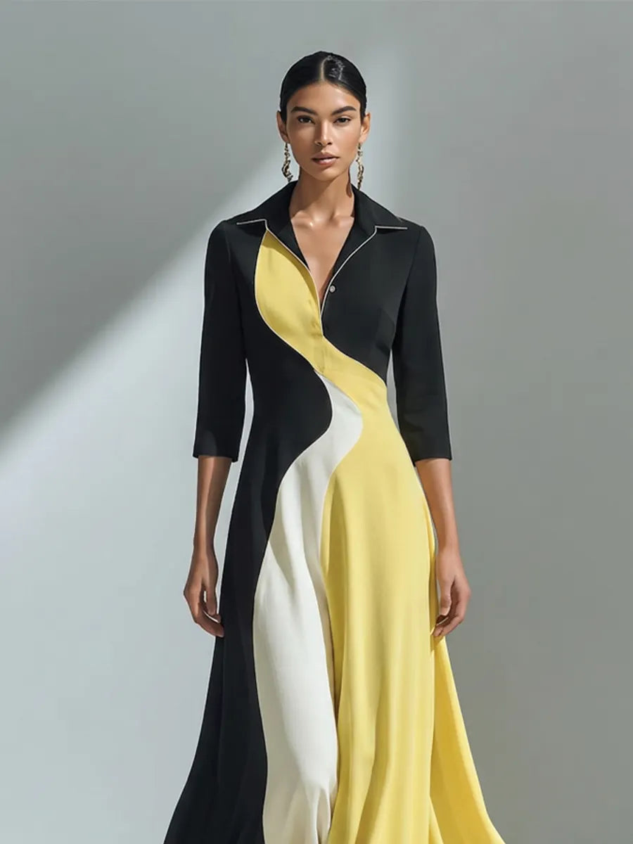 Women's Black Yellow White Cotton-Blend Maxi Dress With Collar Three Quarter Sleeves & Wavy Color Block Panel, Elegant Office Flowy Shirt Maxi Dress MDZ0883G7LYL