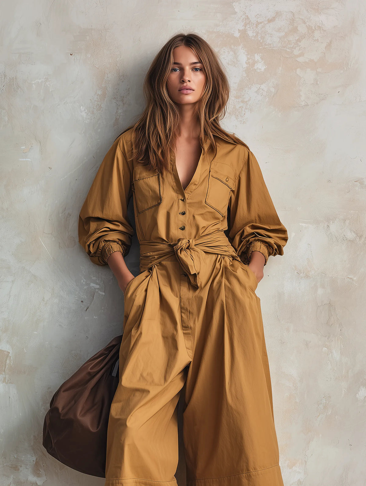 Women's Casual Khaki Woven Long-sleeve Cropped Jumpsuit MDZ0967G1LXY