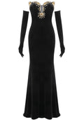 Strapless Crystal Embellished Maxi Velvet Dress Black