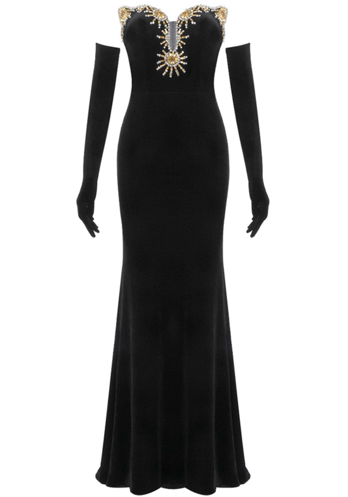 Strapless Crystal Embellished Maxi Velvet Dress Black