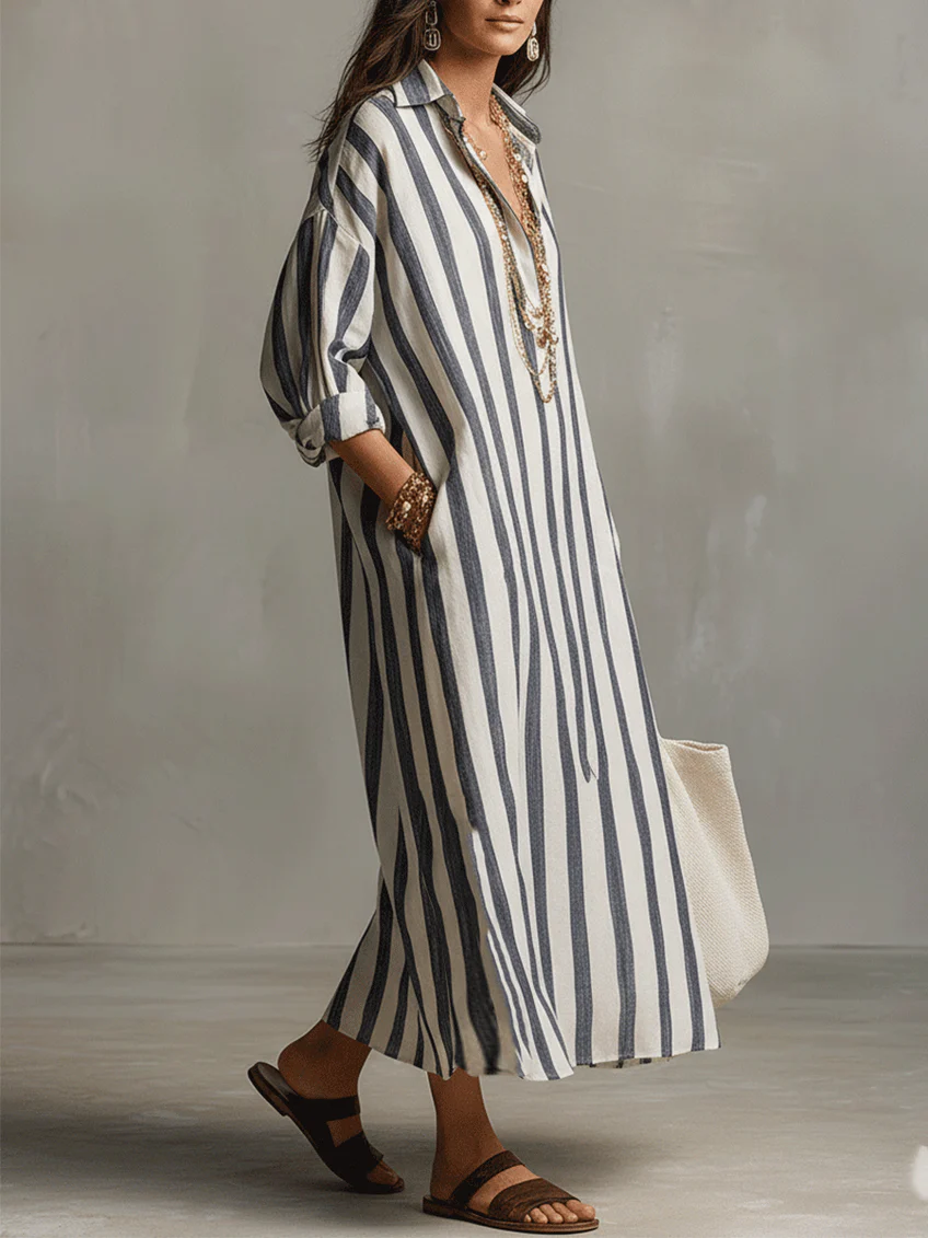 Off-white Casual Striped Shirt Bohemian Style Maxi Dress