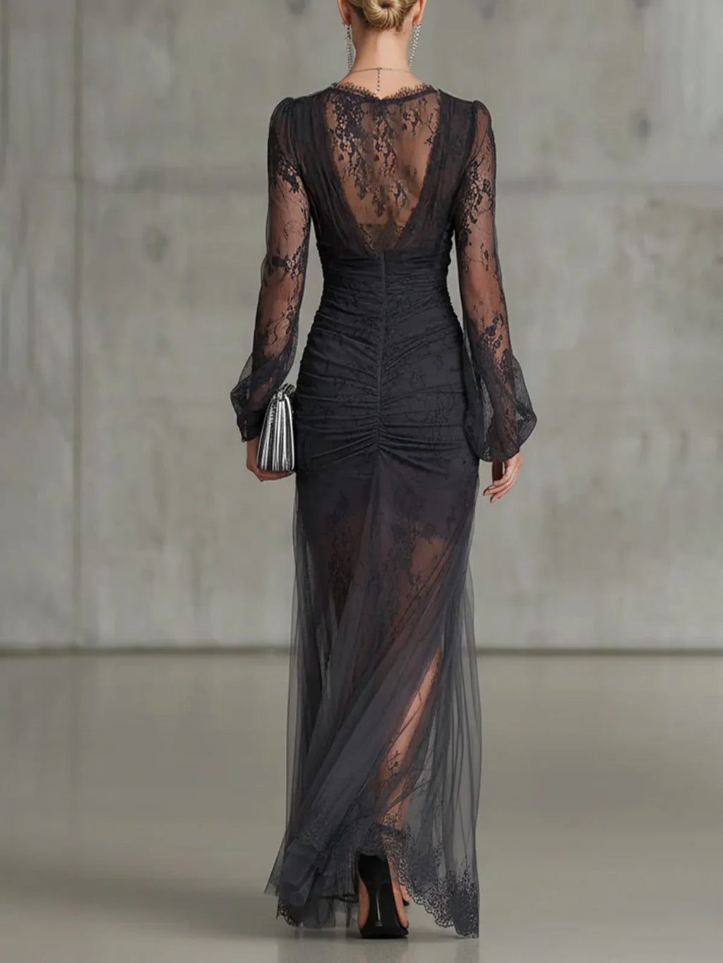 24-Hour-Shipping Black Lace Ruched Sheer Long Sleeve Slit Maxi Dress