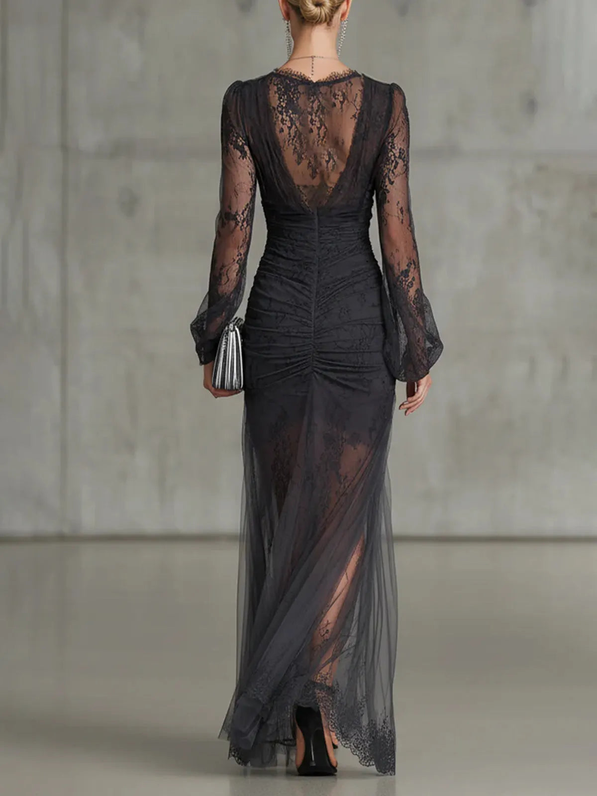 24-Hour-Shipping Black Lace Ruched Sheer Long Sleeve Slit Maxi Dress