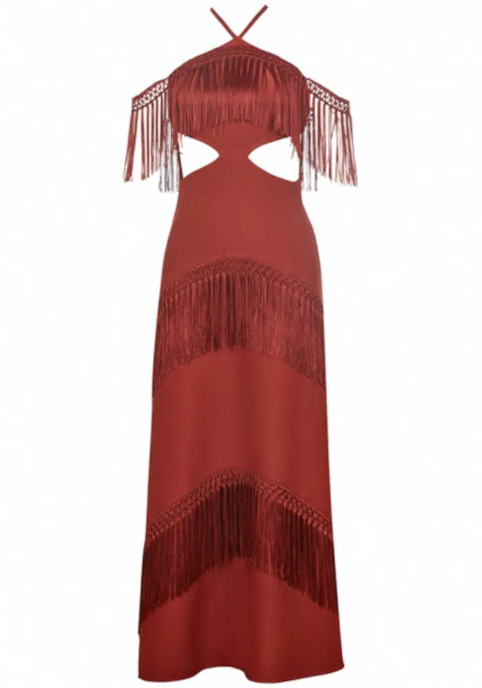 Halter Fringe Maxi Dress Rust