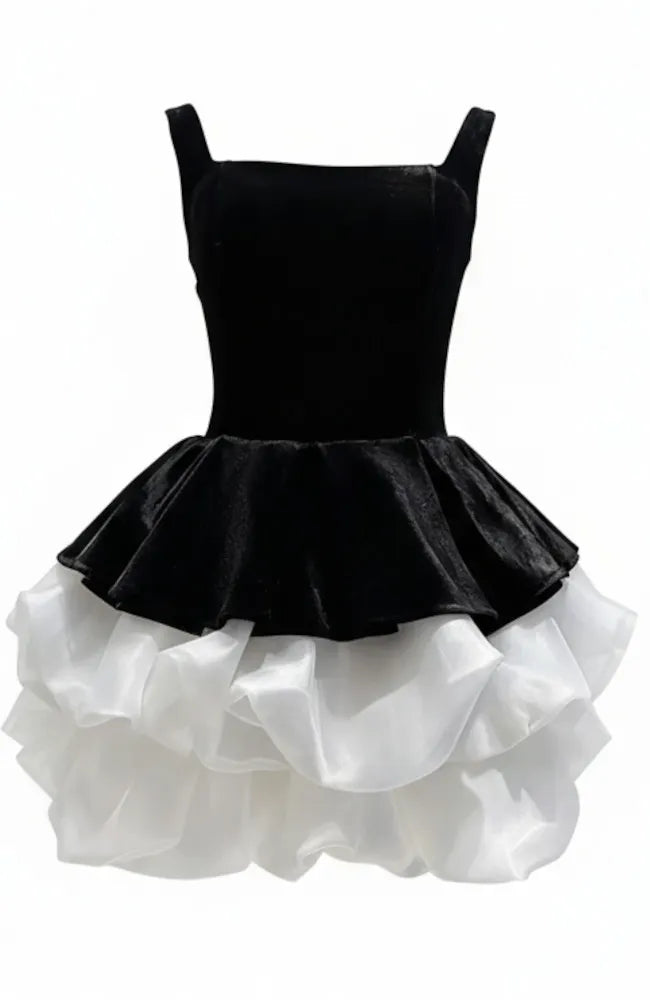 Puff Corset Velvet Dress Black White