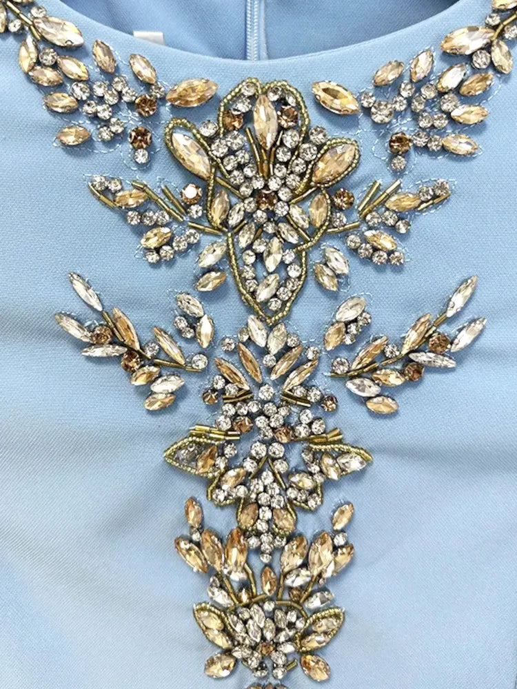 Long Sleeve Crystal Embellished Maxi Dress Blue