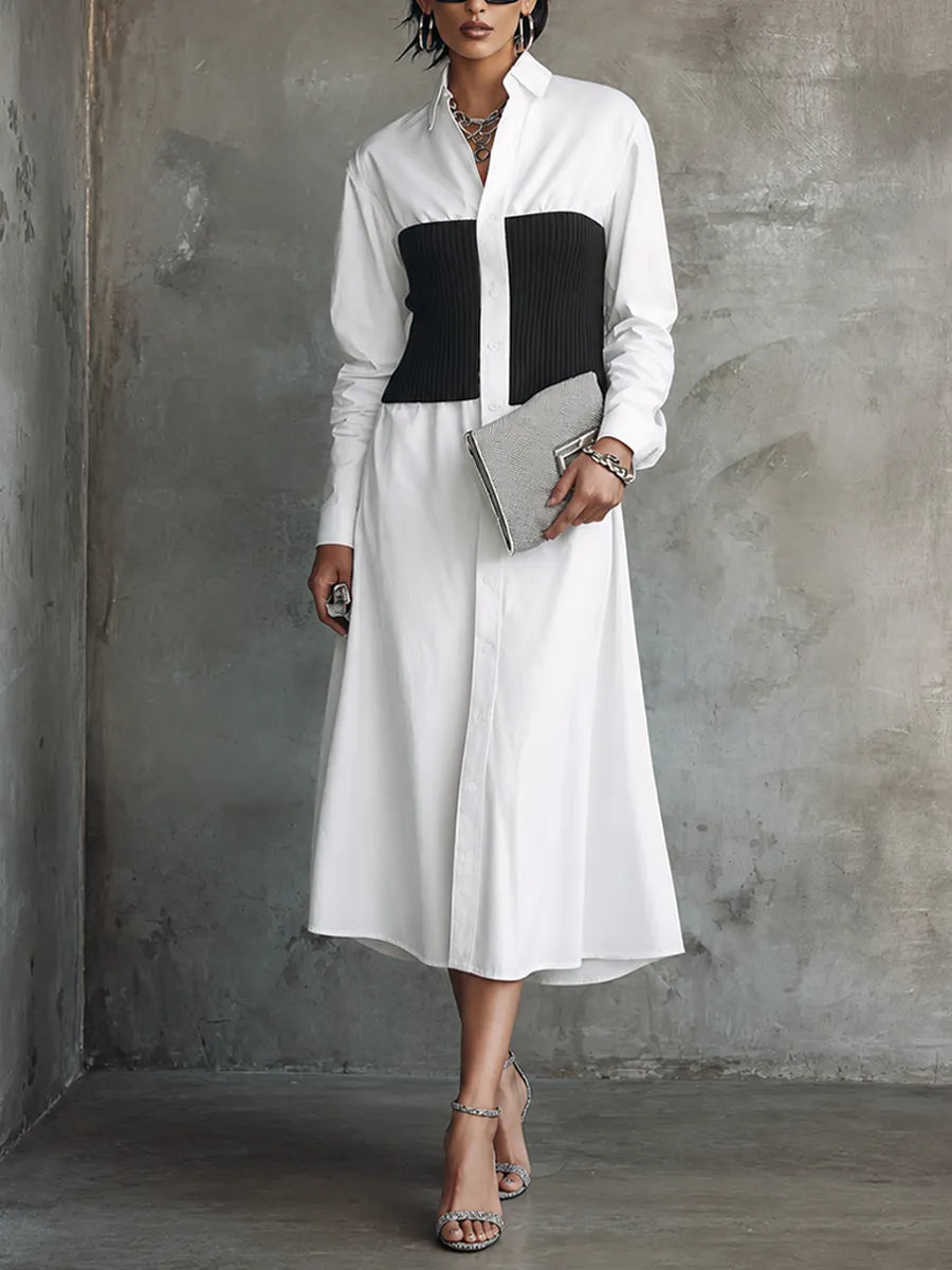 Women's Modern White Woven Cotton Blend Black Ribbed Panel Button-Front Midi Shirt Dress MDZ2474G0GMJ