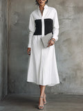 Women's Modern White Woven Cotton Blend Black Ribbed Panel Button-Front Midi Shirt Dress MDZ2474G0GMJ