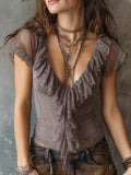 Retro Lace Ruffled Neck Mesh Blouse