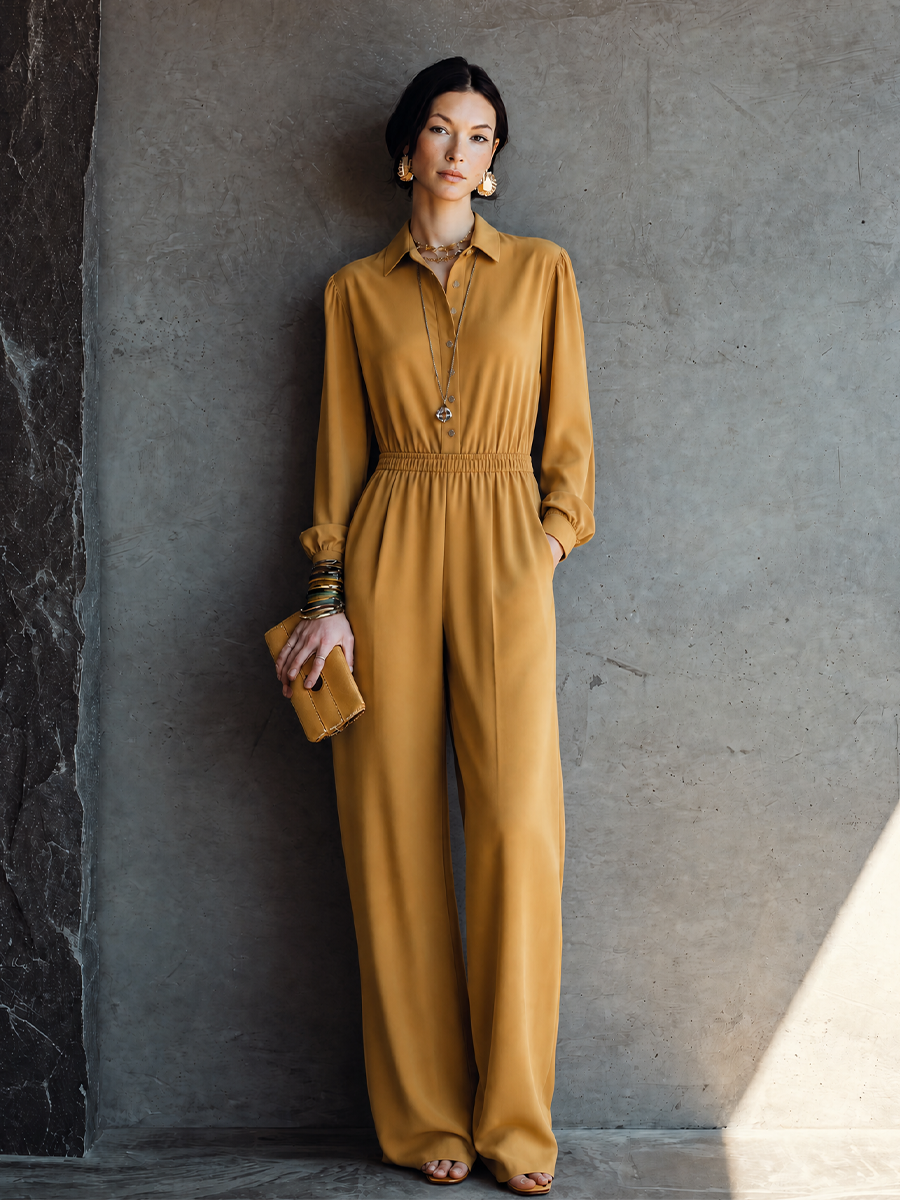 Women's Elegant Mustard Yellow Cotton Blend Button-Front Elastic Waist Wide-Leg Jumpsuit MDZ2276G9GMJ