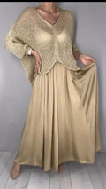 Gold Open Knit Cropped Sweater with Satin Maxi Skirt Set