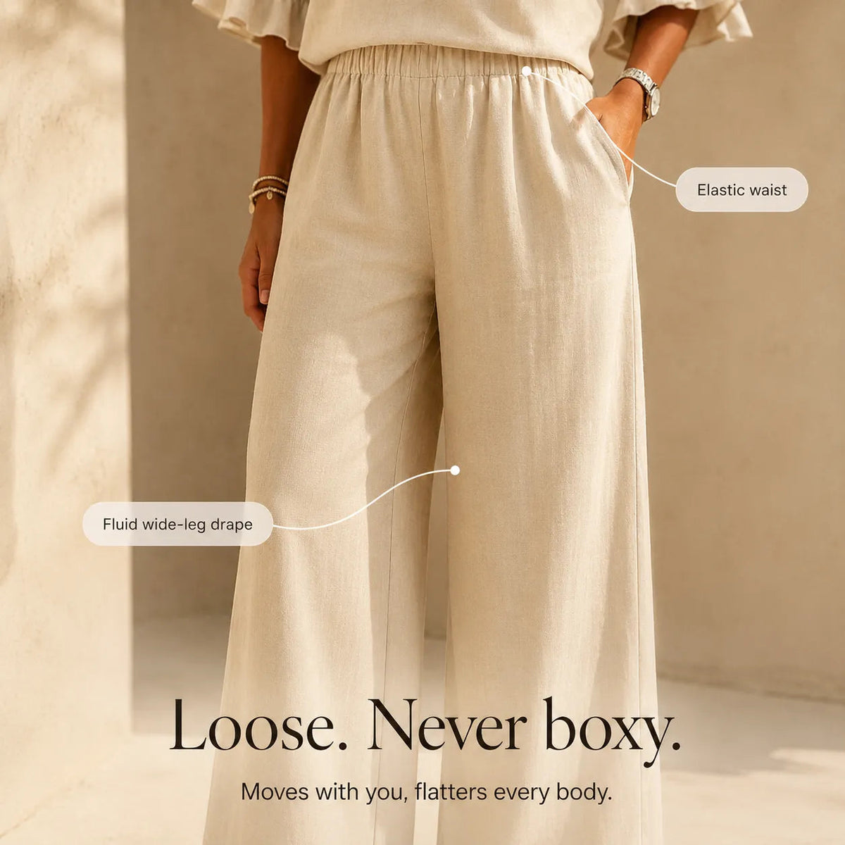 Lunavia – Linen-Look Two-Piece Set with Ruffle Sleeves and Wide-Leg Pants