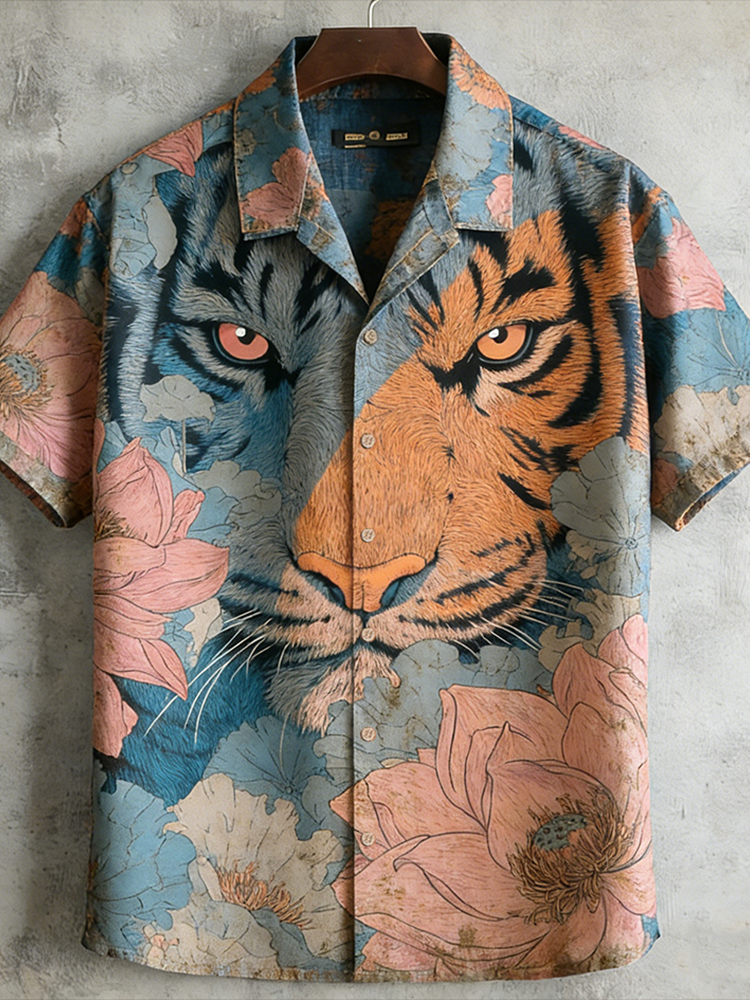 Japanese Art Retro Plant Flower And Tiger Pattern Men's Short Sleeve Shirt