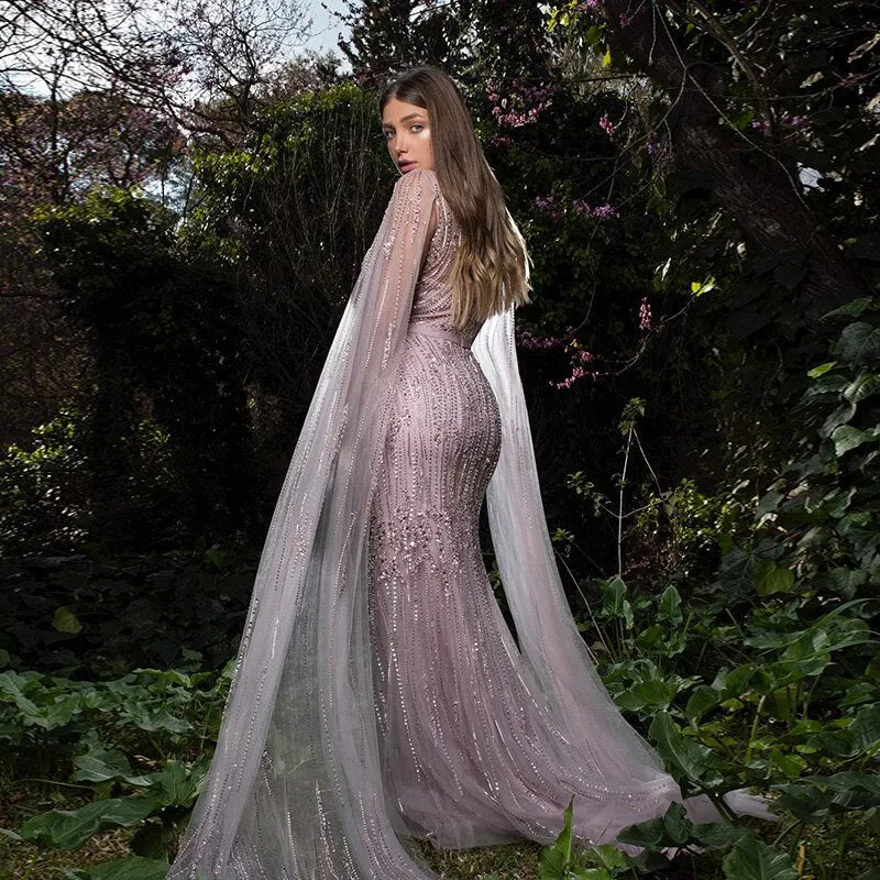 Dreamy Vow Luxury Dubai Pink Mermaid Evening Dress with Cape Sleeve Arabic Gold Formal Dresses for Women Wedding Party 024