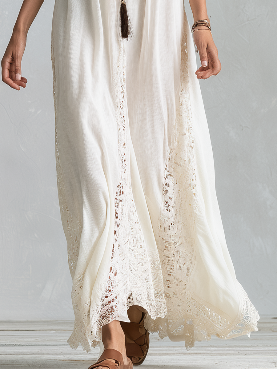 Boho White Lace Panel Belted Maxi Dress