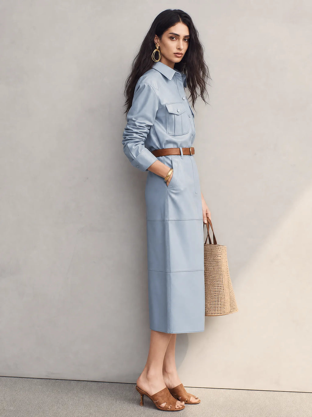 Modern Powder Blue Utility Shirt Midi Dress