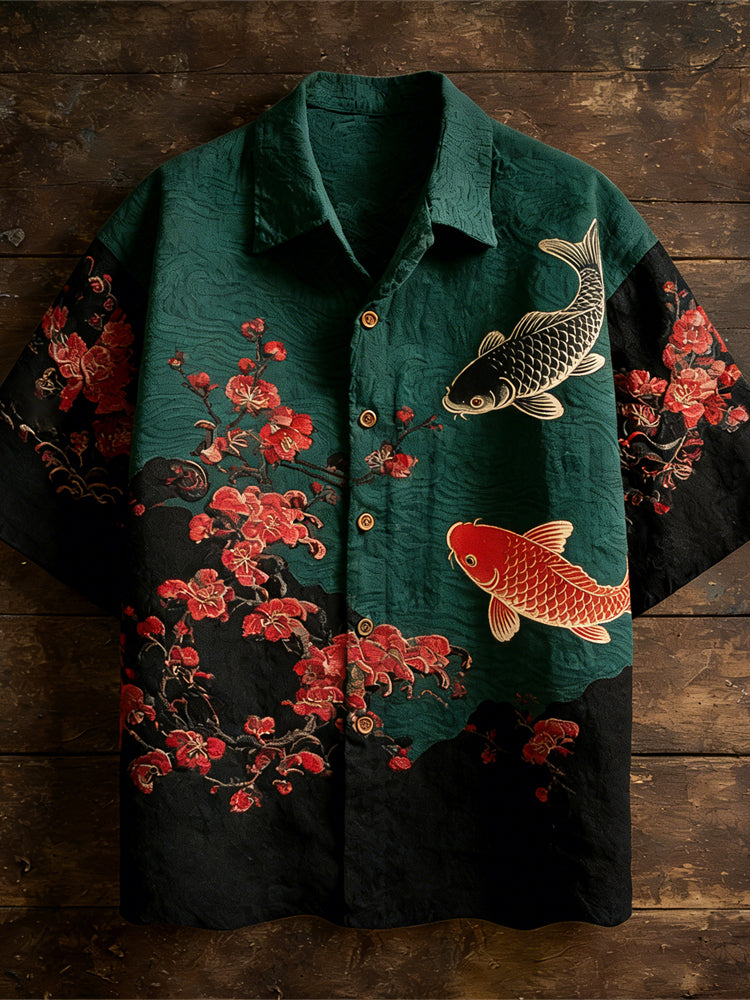 Japanese Plum & Carp Totem Vintage Men's Linen Short Sleeve Shirt