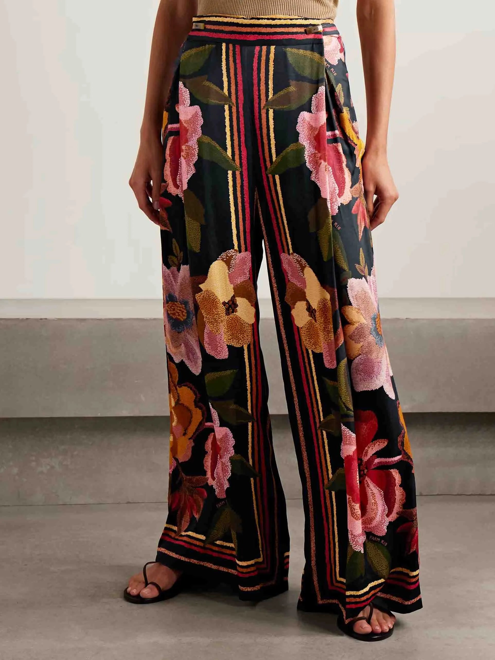 Exquisite Wrap-around Pleated Floral Print Wide-leg Pants