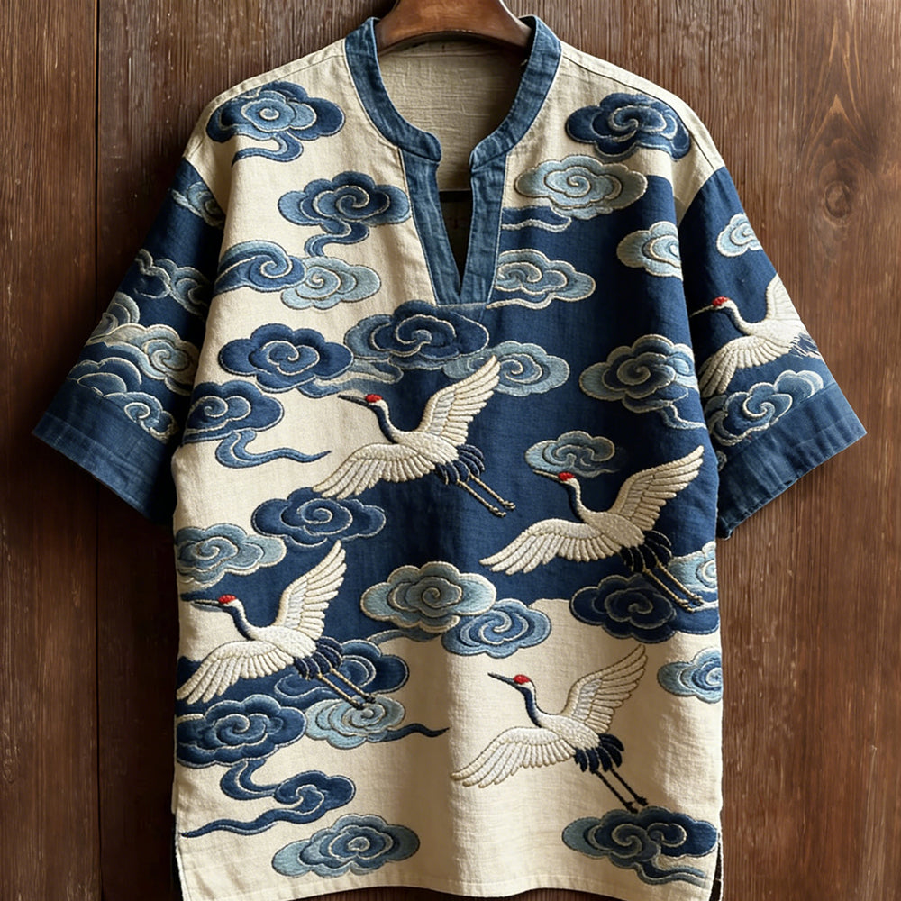 Vintage Cranes & Clouds Art Pattern Cozy Linen Tunic
