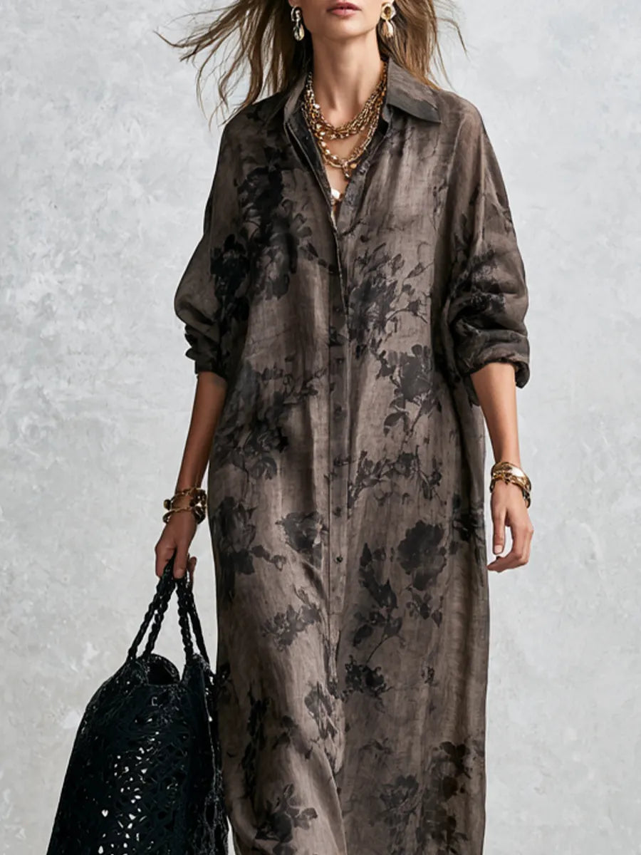 Bohemian Gray Floral Shirt Dress
