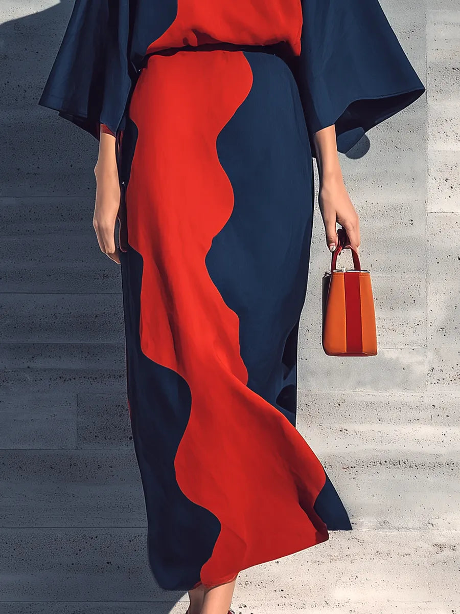 Women’s Navy & Red Wavy Color Block Round Neck Flare Three Quarter Sleeve Loose Dress MDZ0657G9YZJ