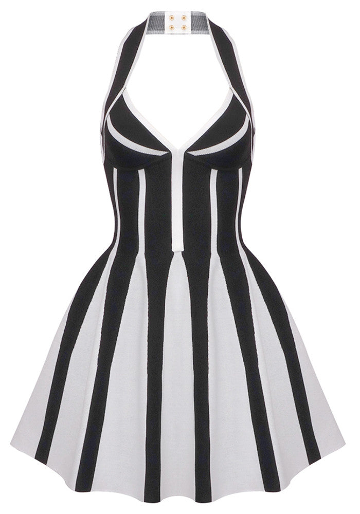 Halter A Line Dress Black White