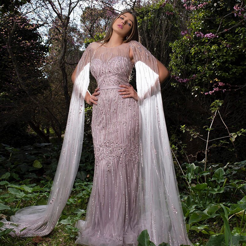 Dreamy Vow Luxury Dubai Pink Mermaid Evening Dress with Cape Sleeve Arabic Gold Formal Dresses for Women Wedding Party 024