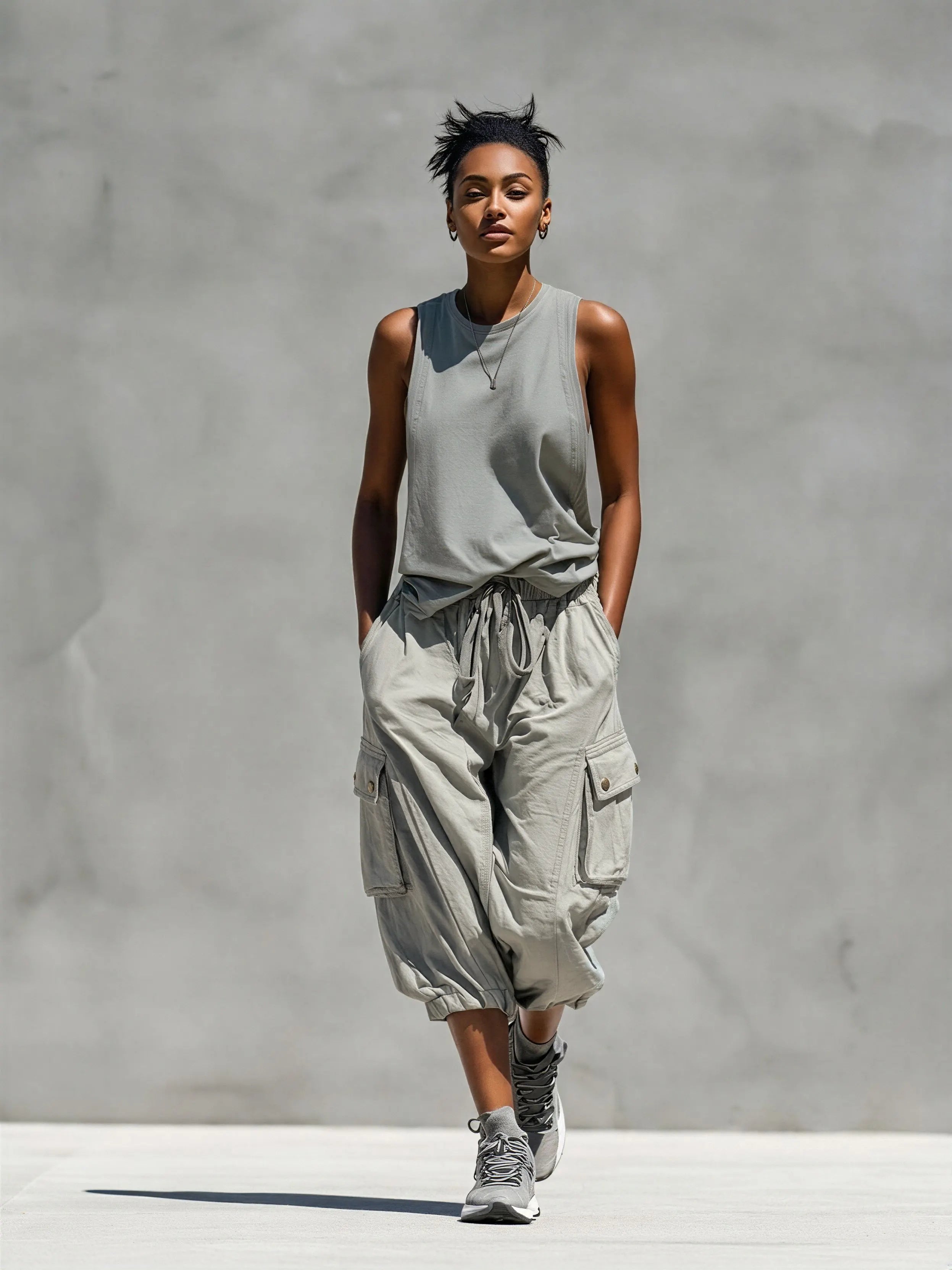 Women’s Grey Sleeveless Tank Top & Cargo Jogger Shorts Two-Piece Set MDZ0853E1T